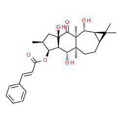 ChemSpider 2D Image | (1aR,2R,2aR,3aR,5S,6S,6aS,7R,7aR,9aS)-2,3a,7-Trihydroxy-1,1,2a,5,7a-pentamethyl-3-oxotetradecahydro-1H-cyclopropa[4,5]cyclohepta[1,2-f]inden-6-yl (2E)-3-phenylacrylate | C29H38O6