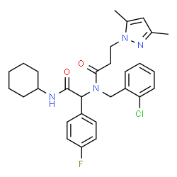 ChemSpider 2D Image | N-(2-Chlorobenzyl)-N-[2-(cyclohexylamino)-1-(4-fluorophenyl)-2-oxoethyl]-3-(3,5-dimethyl-1H-pyrazol-1-yl)propanamide | C29H34ClFN4O2