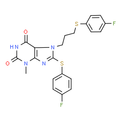 ChemSpider 2D Image | 8-[(4-Fluorophenyl)sulfanyl]-7-{3-[(4-fluorophenyl)sulfanyl]propyl}-3-methyl-3,7-dihydro-1H-purine-2,6-dione | C21H18F2N4O2S2
