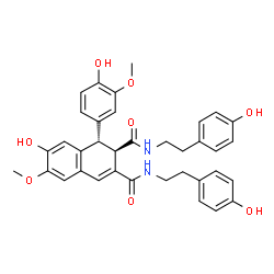 ChemSpider 2D Image | (1S,2R)-7-Hydroxy-1-(4-hydroxy-3-methoxyphenyl)-N,N'-bis[2-(4-hydroxyphenyl)ethyl]-6-methoxy-1,2-dihydro-2,3-naphthalenedicarboxamide | C36H36N2O8