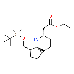 ChemSpider 2D Image | Ethyl [(1S,5S,7S)-1-({[dimethyl(2-methyl-2-propanyl)silyl]oxy}methyl)-6-azaspiro[4.5]dec-7-yl]acetate | C20H39NO3Si