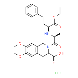 ChemSpider 2D Image | 2-{N-[(2S)-1-Ethoxy-1-oxo-4-phenyl-2-butanyl]-L-alanyl}-6,7-dimethoxy-1,2,3,4-tetrahydro-3-isoquinolinecarboxylic acid hydrochloride (1:1) | C27H35ClN2O7
