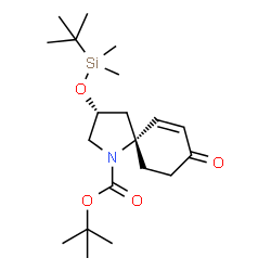 ChemSpider 2D Image | 2-Methyl-2-propanyl (3R,5R)-3-{[dimethyl(2-methyl-2-propanyl)silyl]oxy}-8-oxo-1-azaspiro[4.5]dec-6-ene-1-carboxylate | C20H35NO4Si