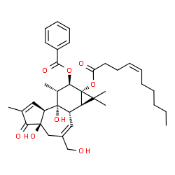 ChemSpider 2D Image | (1aR,1bS,4aR,7aS,7bS,8R,9R,9aS)-9a-[(4Z)-4-Decenoyloxy]-4a,7b-dihydroxy-3-(hydroxymethyl)-1,1,6,8-tetramethyl-5-oxo-1a,1b,4,4a,5,7a,7b,8,9,9a-decahydro-1H-cyclopropa[3,4]benzo[1,2-e]azulen-9-yl benzoa
te | C37H48O8