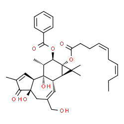 ChemSpider 2D Image | (1aR,1bS,4aR,7aS,7bS,8R,9R,9aS)-9a-[(4Z,7Z)-4,7-Decadienoyloxy]-4a,7b-dihydroxy-3-(hydroxymethyl)-1,1,6,8-tetramethyl-5-oxo-1a,1b,4,4a,5,7a,7b,8,9,9a-decahydro-1H-cyclopropa[3,4]benzo[1,2-e]azulen-9-y
l benzoate | C37H46O8