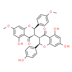 ChemSpider 2D Image | (2R,2'R,3S,3'S)-5,5',7-Trihydroxy-2-(4-hydroxyphenyl)-7'-methoxy-2'-(4-methoxyphenyl)-2,2',3,3'-tetrahydro-4H,4'H-3,3'-bichromene-4,4'-dione | C32H26O10