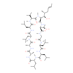 ChemSpider 2D Image | (3S,6S,9S,12R,15S,18R,21S,24R,30S,33S)-30-[(1R)-1-Hydroxyethyl]-33-[(1R,2R,4E)-1-hydroxy-2-methyl-4-hexen-1-yl]-6,9,18,21,24-pentaisobutyl-3-isopropyl-1,4,10,12,15,19,25,28-octamethyl-1,4,7,10,13,16,1
9,22,25,28,31-undecaazacyclotritriacontane-2,5,8,11,14,17,20,23,26,29,32-undecone | C62H111N11O13