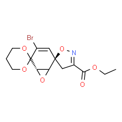 ChemSpider 2D Image | Ethyl (1'S,5'R,6'R)-3'-bromo-4''H-dispiro[1,3-dioxane-2,2'-[7]oxabicyclo[4.1.0]hept[3]ene-5',5''-[1,2]oxazole]-3''-carboxylate | C14H16BrNO6