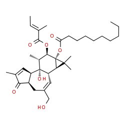 ChemSpider 2D Image | (1aR,1bS,4aR,7aR,7bR,8R,9R,9aS)-7b-Hydroxy-3-(hydroxymethyl)-1,1,6,8-tetramethyl-9-{[(2E)-2-methyl-2-butenoyl]oxy}-5-oxo-1,1a,1b,4,4a,5,7a,7b,8,9-decahydro-9aH-cyclopropa[3,4]benzo[1,2-e]azulen-9a-yl 
decanoate | C35H52O7