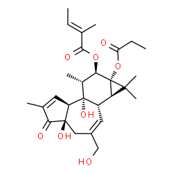 ChemSpider 2D Image | (1aR,1bS,4aR,7aS,7bS,8R,9R,9aS)-4a,7b-Dihydroxy-3-(hydroxymethyl)-1,1,6,8-tetramethyl-5-oxo-9a-(propionyloxy)-1a,1b,4,4a,5,7a,7b,8,9,9a-decahydro-1H-cyclopropa[3,4]benzo[1,2-e]azulen-9-yl (2E)-2-methy
l-2-butenoate | C28H38O8