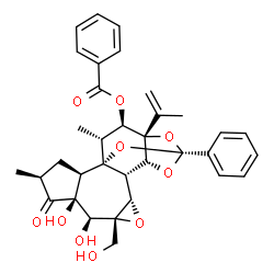 ChemSpider 2D Image | (1R,2R,4S,6S,7S,8R,10S,11S,12R,14S,16S,17R,18R)-6,7-Dihydroxy-8-(hydroxymethyl)-16-isopropenyl-4,18-dimethyl-5-oxo-14-phenyl-9,13,15,19-tetraoxahexacyclo[12.4.1.0~1,11~.0~2,6~.0~8,10~.0~12,16~]nonadec
-17-yl benzoate | C34H36O10