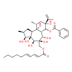 ChemSpider 2D Image | (2S,3S,3aR,4S,5R,6S,6aS,7R,8R,10R,10aR,10bS)-5-{[(2E,4E)-2,4-Decadienoyloxy]methyl}-3,3a,4,5,6,8,10a-heptahydroxy-8-isopropenyl-2,10-dimethyltetradecahydrobenzo[e]azulen-7-yl benzoate | C37H52O11