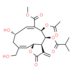 ChemSpider 2D Image | Methyl (3aS,4S,5R,6E,8S,10E,11aR)-5-acetoxy-8-hydroxy-10-(hydroxymethyl)-4-(isobutyryloxy)-3-methylene-2-oxo-2,3,3a,4,5,8,9,11a-octahydrocyclodeca[b]furan-6-carboxylate | C22H28O10