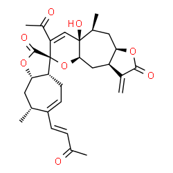 ChemSpider 2D Image | (3R,3aR,3a'R,4a'R,7R,8aS,8a'R,9'S,10a'R)-7'-Acetyl-8a'-hydroxy-7,9'-dimethyl-3'-methylene-6-[(1E)-3-oxo-1-buten-1-yl]-3',3a',4,4',4a',7,8,8a,8a',9',10',10a'-dodecahydro-2'H,3aH-spiro[cyclohepta[b]fura
n-3,6'-furo[2',3':5,6]cyclohepta[1,2-b]pyran]-2,2'-dione | C29H34O8