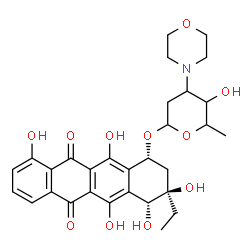 ChemSpider 2D Image | (1R,3R,4R)-3-Ethyl-3,4,5,10,12-pentahydroxy-6,11-dioxo-1,2,3,4,6,11-hexahydro-1-tetracenyl 2,3,6-trideoxy-3-(4-morpholinyl)hexopyranoside | C30H35NO11
