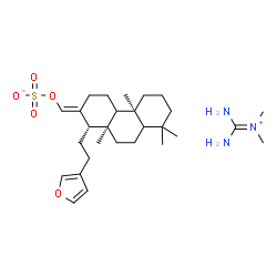 ChemSpider 2D Image | Amino(imino)-N,N-dimethylmethanaminium (E)-{(5xi,9xi,13E,14beta)-14-[2-(3-furyl)ethyl]-8-methylpodocarpan-13-ylidene}methyl sulfate | C28H47N3O5S