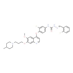 ChemSpider 2D Image | (2E)-2-(2-Fluorobenzylidene)-N-[3-fluoro-4-({6-methoxy-7-[3-(4-methyl-1-piperidinyl)propoxy]-4-quinolinyl}oxy)phenyl]hydrazinecarboxamide | C33H35F2N5O4