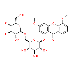 ChemSpider 2D Image | 3,5-Dimethoxy-9-oxo-9H-xanthen-1-yl 6-O-beta-D-glucopyranosyl-beta-D-glucopyranoside | C27H32O15