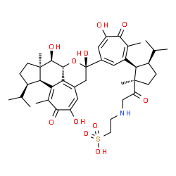 ChemSpider 2D Image | 2-({2-[(1R,2R,3R)-2-{4-Hydroxy-2-methyl-3-oxo-6-[(6S,7aR,8R,8aR,11R,11aR)-3,6,8-trihydroxy-11-isopropyl-1,8a-dimethyl-2-oxo-2,5,6,7a,8,8a,9,10,11,11a-decahydrocyclohepta[de]cyclopenta[g]chromen-6-yl]-
1,4,6-cycloheptatrien-1-yl}-3-isopropyl-1-methylcyclopentyl]-2-oxoethyl}amino)ethanesulfonic acid | C42H57NO11S