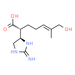 ChemSpider 2D Image | (2R,5E)-2-[(4R)-2-Amino-4,5-dihydro-1H-imidazol-4-yl]-7-hydroxy-6-methyl-5-heptenoic acid | C11H19N3O3