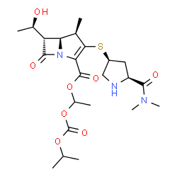 ChemSpider 2D Image | 1-[(Isopropoxycarbonyl)oxy]ethyl (4R,5S,6S)-3-{[(3S,5S)-5-(dimethylcarbamoyl)-3-pyrrolidinyl]sulfanyl}-6-[(1R)-1-hydroxyethyl]-4-methyl-7-oxo-1-azabicyclo[3.2.0]hept-2-ene-2-carboxylate | C23H35N3O8S