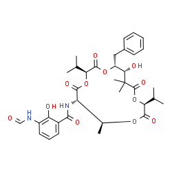 ChemSpider 2D Image | N-[(3S,6S,7S,10S,14R,15R)-15-Benzyl-14-hydroxy-3,10-diisopropyl-7,13,13-trimethyl-2,5,9,12-tetraoxo-1,4,8,11-tetraoxacyclopentadecan-6-yl]-3-formamido-2-hydroxybenzamide | C35H44N2O12
