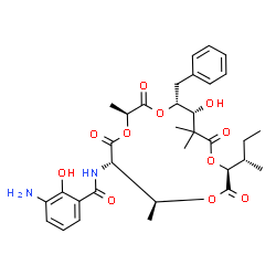 ChemSpider 2D Image | 3-Amino-N-{(3S,6S,7S,10S,14R,15R)-15-benzyl-10-[(2S)-2-butanyl]-14-hydroxy-3,7,13,13-tetramethyl-2,5,9,12-tetraoxo-1,4,8,11-tetraoxacyclopentadecan-6-yl}-2-hydroxybenzamide | C33H42N2O11