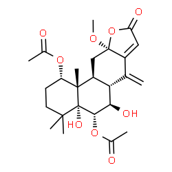 ChemSpider 2D Image | (1S,4aR,5S,6R,6aR,10aR,11aS,11bS)-4a,6-Dihydroxy-10a-methoxy-4,4,11b-trimethyl-7-methylene-9-oxo-1,2,3,4,4a,5,6,6a,7,9,10a,11,11a,11b-tetradecahydrophenanthro[3,2-b]furan-1,5-diyl diacetate | C25H34O9