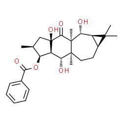 ChemSpider 2D Image | (1aR,2R,2aR,3aR,5S,6S,6aS,7R,7aR,9aS)-2,3a,7-Trihydroxy-1,1,2a,5,7a-pentamethyl-3-oxotetradecahydro-1H-cyclopropa[4,5]cyclohepta[1,2-f]inden-6-yl benzoate | C27H36O6