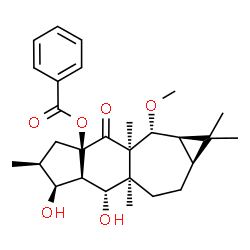 ChemSpider 2D Image | (1aR,2R,2aR,3aR,5S,6S,6aR,7R,7aR,9aS)-6,7-Dihydroxy-2-methoxy-1,1,2a,5,7a-pentamethyl-3-oxotetradecahydro-3aH-cyclopropa[4,5]cyclohepta[1,2-f]inden-3a-yl benzoate | C28H38O6
