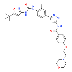 ChemSpider 2D Image | N-{3-[3-Methyl-4-({[5-(2-methyl-2-propanyl)-1,2-oxazol-3-yl]carbamoyl}amino)phenyl]-1H-pyrazol-5-yl}-4-[2-(4-morpholinyl)ethoxy]benzamide | C31H37N7O5