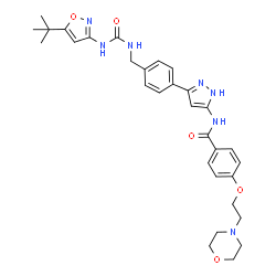 ChemSpider 2D Image | N-(3-{4-[({[5-(2-Methyl-2-propanyl)-1,2-oxazol-3-yl]carbamoyl}amino)methyl]phenyl}-1H-pyrazol-5-yl)-4-[2-(4-morpholinyl)ethoxy]benzamide | C31H37N7O5