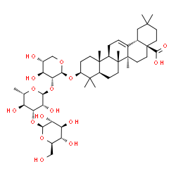 ChemSpider 2D Image | (3beta)-3-{[beta-D-Glucopyranosyl-(1->3)-6-deoxy-alpha-L-mannopyranosyl-(1->2)-beta-D-xylopyranosyl]oxy}olean-12-en-28-oic acid | C47H76O16