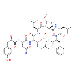 ChemSpider 2D Image | N~1~-[(3S,6S,9S,12R,13S,16S,19R,21aR)-6-Benzyl-3,16-diisobutyl-9-isopropyl-19-methoxy-5,12-dimethyl-1,4,7,10,14,17-hexaoxoicosahydropyrrolo[2,1-l][1,4,7,10,13,16]oxapentaazacyclononadecin-13-yl]-N~2~-
[(2R)-2-hydroxy-3-(4-hydroxyphenyl)propanoyl]-L-aspartamide | C50H72N8O13