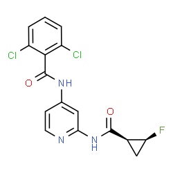 ChemSpider 2D Image | 2,6-Dichloro-N-[2-({[(1S,2S)-2-fluorocyclopropyl]carbonyl}amino)-4-pyridinyl]benzamide | C16H12Cl2FN3O2