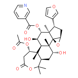 ChemSpider 2D Image | (5S,5aR,5bR,6R,7R,7aR,8S,9aR,10aS,10bS,11R,12aR)-5-Acetoxy-8-(3-furyl)-6,11-dihydroxy-1,1,5a,7a,10b-pentamethyl-3-oxohexadecahydrooxireno[1',5']cyclopenta[1',2':5,6]naphtho[2,1-c]oxepin-7-yl nicotinat
e | C34H41NO10