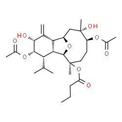 ChemSpider 2D Image | (1R,2R,4R,5S,6S,7R,8R,9R,12S,13S)-5,12-Diacetoxy-4,13-dihydroxy-6-isopropyl-9,13-dimethyl-3-methylene-15-oxatricyclo[6.6.1.0~2,7~]pentadec-9-yl butyrate | C28H44O9