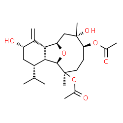 ChemSpider 2D Image | (1R,2R,4S,6S,7R,8R,9R,12S,13S)-4,13-Dihydroxy-6-isopropyl-9,13-dimethyl-3-methylene-15-oxatricyclo[6.6.1.0~2,7~]pentadecane-9,12-diyl diacetate | C24H38O7
