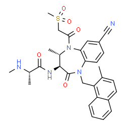 ChemSpider 2D Image | N-{(3S,4S)-7-Cyano-4-methyl-1-[(2-methyl-1-naphthyl)methyl]-5-[(methylsulfonyl)acetyl]-2-oxo-2,3,4,5-tetrahydro-1H-1,5-benzodiazepin-3-yl}-N~2~-methyl-L-alaninamide | C30H33N5O5S