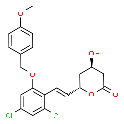 ChemSpider 2D Image | (4R,6S)-6-[(E)-2-{2,4-Dichloro-6-[(4-methoxybenzyl)oxy]phenyl}vinyl]-4-hydroxytetrahydro-2H-pyran-2-one | C21H20Cl2O5