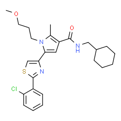 ChemSpider 2D Image | 5-[2-(2-Chlorophenyl)-1,3-thiazol-4-yl]-N-(cyclohexylmethyl)-1-(3-methoxypropyl)-2-methyl-1H-pyrrole-3-carboxamide | C26H32ClN3O2S