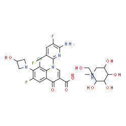 ChemSpider 2D Image | 1-(6-Amino-3,5-difluoro-2-pyridinyl)-8-chloro-6-fluoro-7-(3-hydroxy-1-azetidinyl)-4-oxo-1,4-dihydro-3-quinolinecarboxylic acid - 1-deoxy-1-(methylamino)hexitol (1:1) | C25H29ClF3N5O9