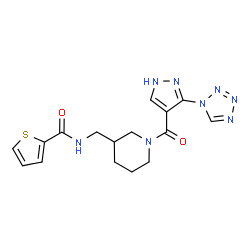 ChemSpider 2D Image | N-[(1-{[3-(1H-Tetrazol-1-yl)-1H-pyrazol-4-yl]carbonyl}-3-piperidinyl)methyl]-2-thiophenecarboxamide | C16H18N8O2S