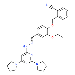 ChemSpider 2D Image | 2-{[4-({[2,6-Di(1-pyrrolidinyl)-4-pyrimidinyl]hydrazono}methyl)-2-ethoxyphenoxy]methyl}benzonitrile | C29H33N7O2