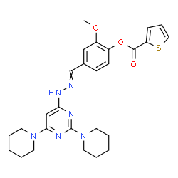 ChemSpider 2D Image | 4-({[2,6-Di(1-piperidinyl)-4-pyrimidinyl]hydrazono}methyl)-2-methoxyphenyl 2-thiophenecarboxylate | C27H32N6O3S