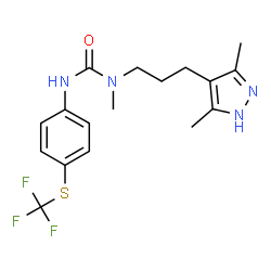 ChemSpider 2D Image | 1-[3-(3,5-Dimethyl-1H-pyrazol-4-yl)propyl]-1-methyl-3-{4-[(trifluoromethyl)sulfanyl]phenyl}urea | C17H21F3N4OS