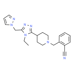 ChemSpider 2D Image | 2-({4-[4-Ethyl-5-(1H-pyrazol-1-ylmethyl)-4H-1,2,4-triazol-3-yl]-1-piperidinyl}methyl)benzonitrile | C21H25N7
