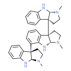 ChemSpider 2D Image | (3aS,8aS)-1-Methyl-3a,7-bis[(3aR,8aR)-1-methyl-2,3,8,8a-tetrahydropyrrolo[2,3-b]indol-3a(1H)-yl]-1,2,3,3a,8,8a-hexahydropyrrolo[2,3-b]indole | C33H38N6