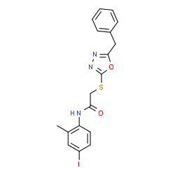 ChemSpider 2D Image | 2-[(5-Benzyl-1,3,4-oxadiazol-2-yl)sulfanyl]-N-(4-iodo-2-methylphenyl)acetamide | C18H16IN3O2S
