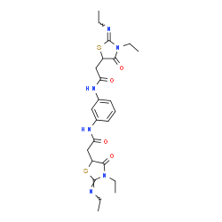 ChemSpider 2D Image | 2-[(2E)-3-Ethyl-2-(ethylimino)-4-oxo-1,3-thiazolidin-5-yl]-N-[3-({[(2Z)-3-ethyl-2-(ethylimino)-4-oxo-1,3-thiazolidin-5-yl]acetyl}amino)phenyl]acetamide | C24H32N6O4S2